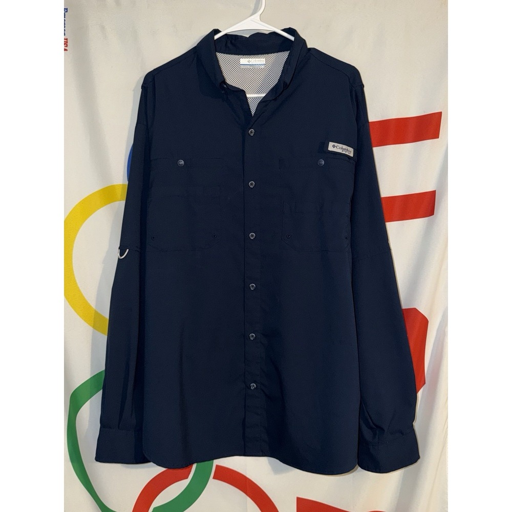 Columbia PFG Button Up Shirt Mens Large Blue Long Sleeve Vented Fishing